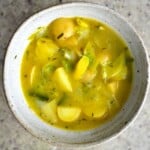 A bowl with potato leek soup