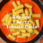 Pasta and tomato sauce in a pan
