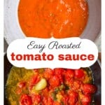 A bowl with tomato sauce and a pan with roasted tomatoes