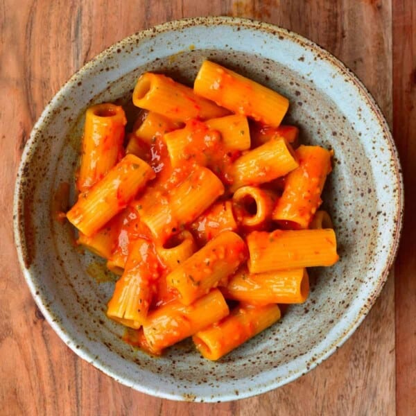 A bowl with penne pasta and tomato sauce topped with parmesan