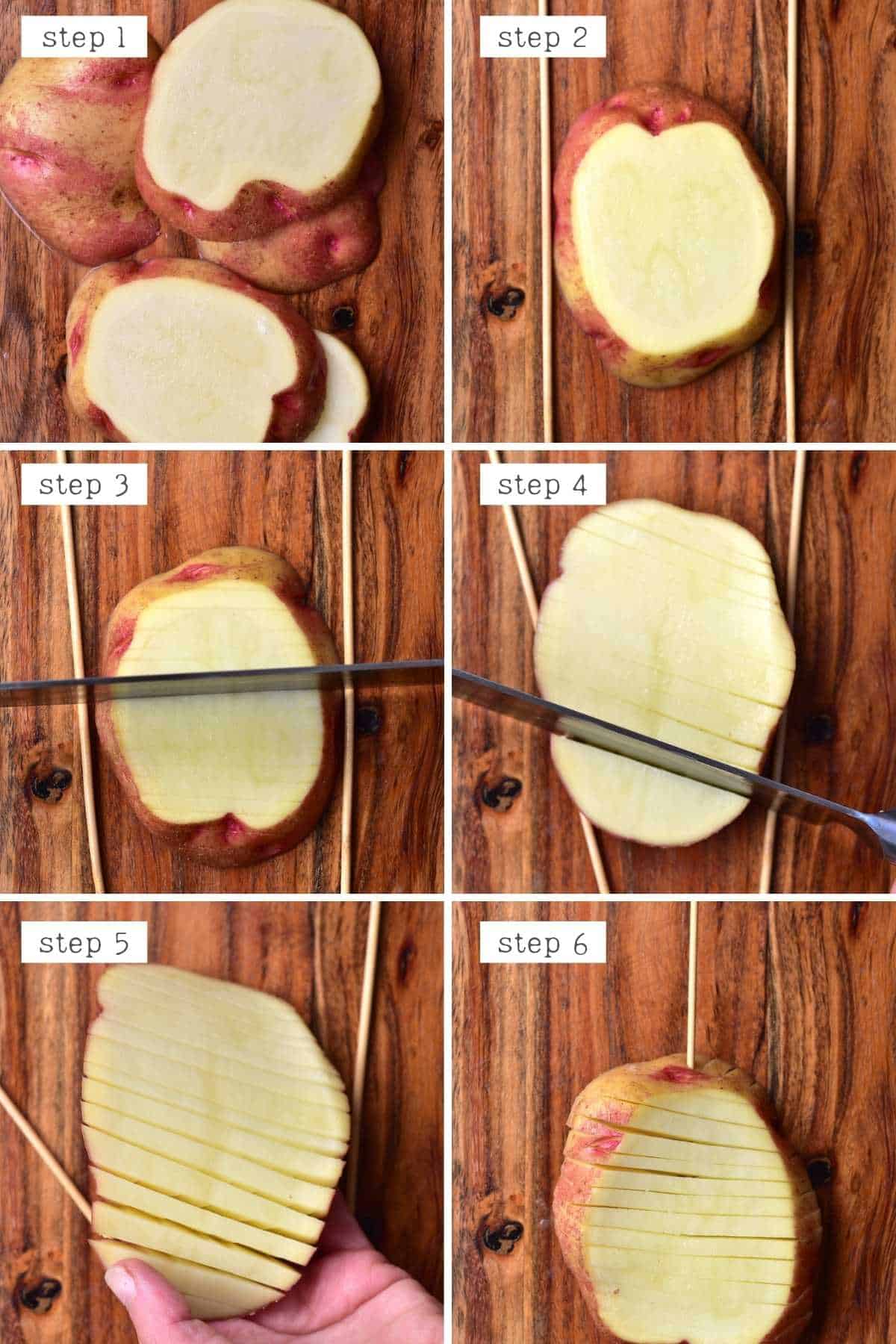 Steps for cutting an accordion potato