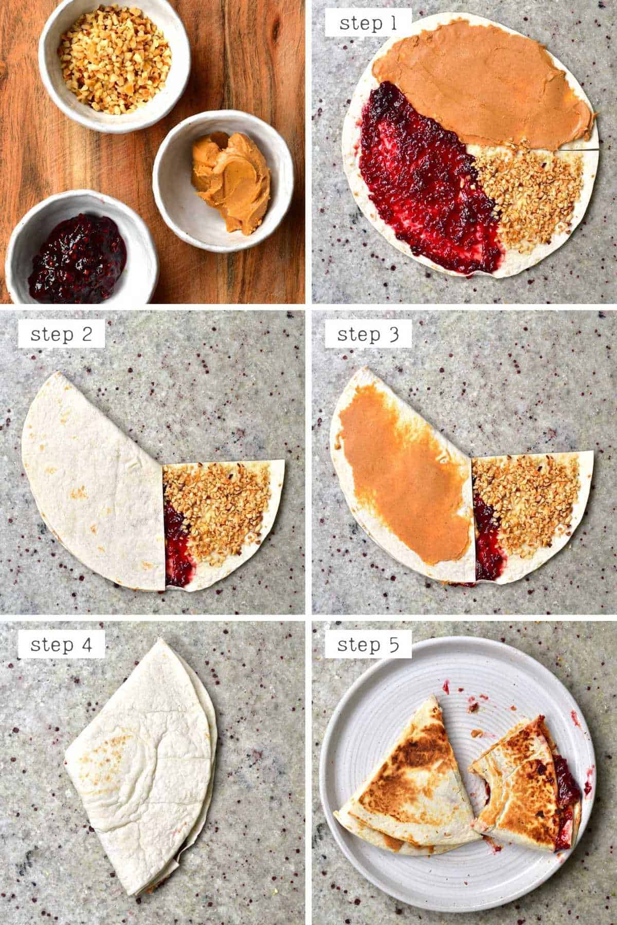 Steps for making PB&J Tortilla