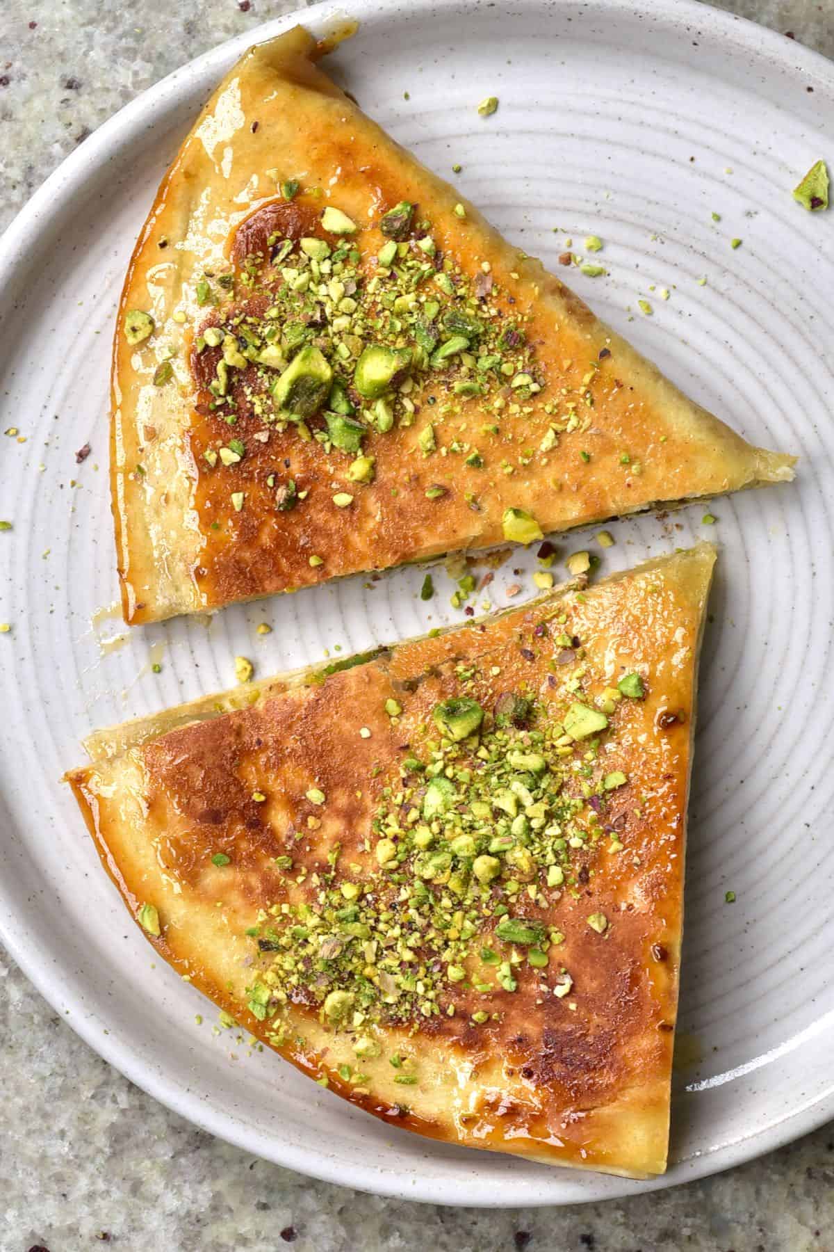 Baklava inspired folded tortilla topped with crushed pistachios