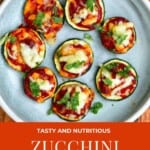 Eight zucchini pizza bites in a blue plate