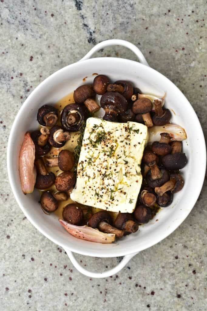 Baked Feta and Mushrooms in a oven dish