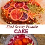 A slice of blood orange cake on top of the cake and mixing ingredients in a bowl