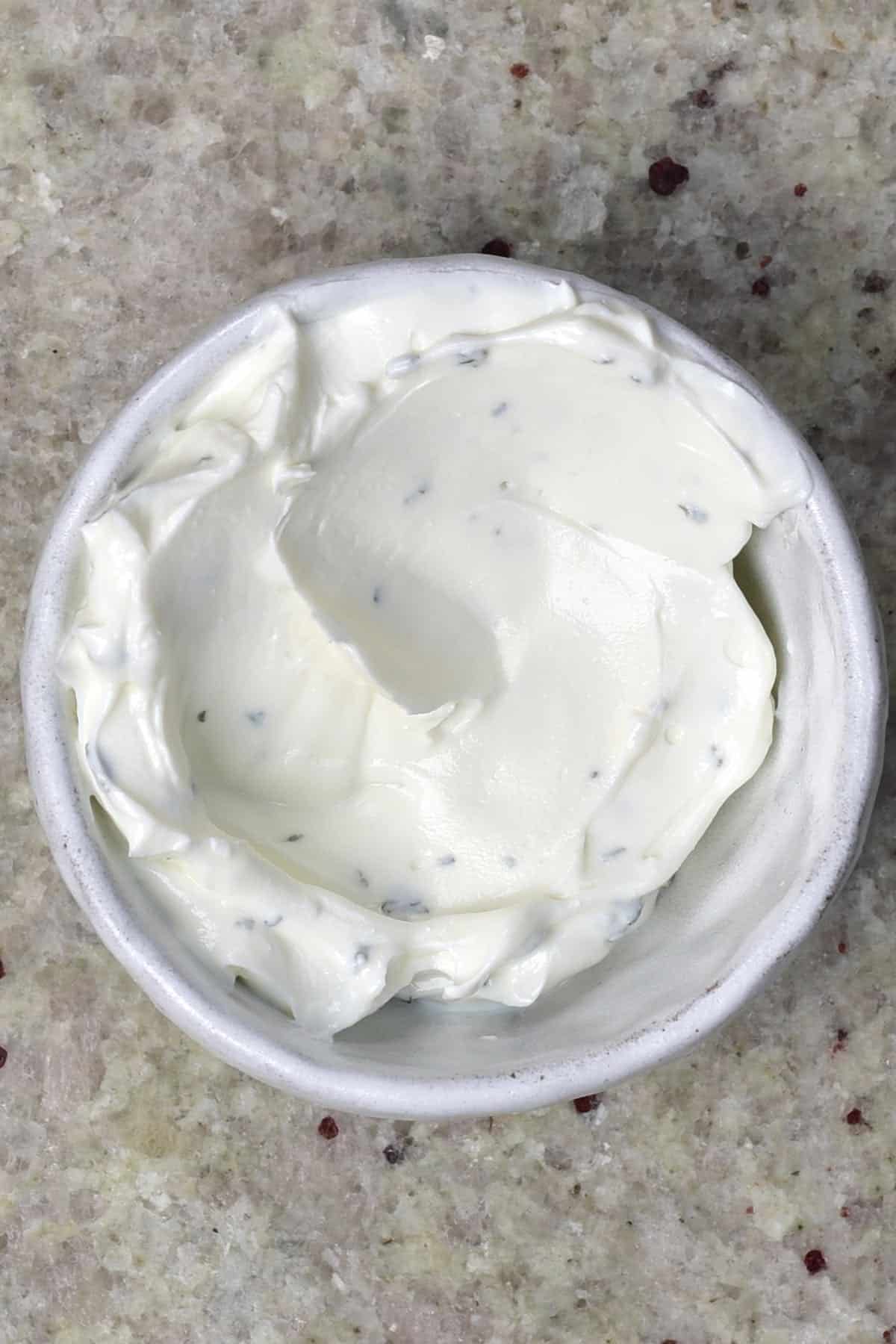 A bowl with yogurt sauce