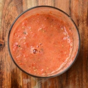 Top view of a glass full with gazpacho