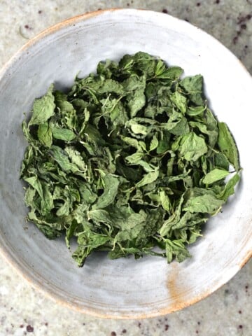 Dried mint leaves in a bowl