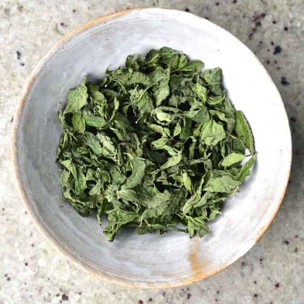 Dried mint leaves in a bowl