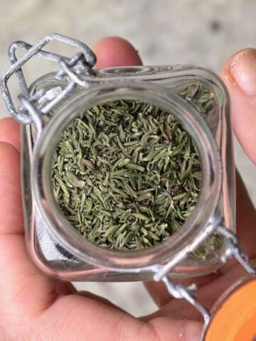 A hand holding a little jar with homemade dried thyme