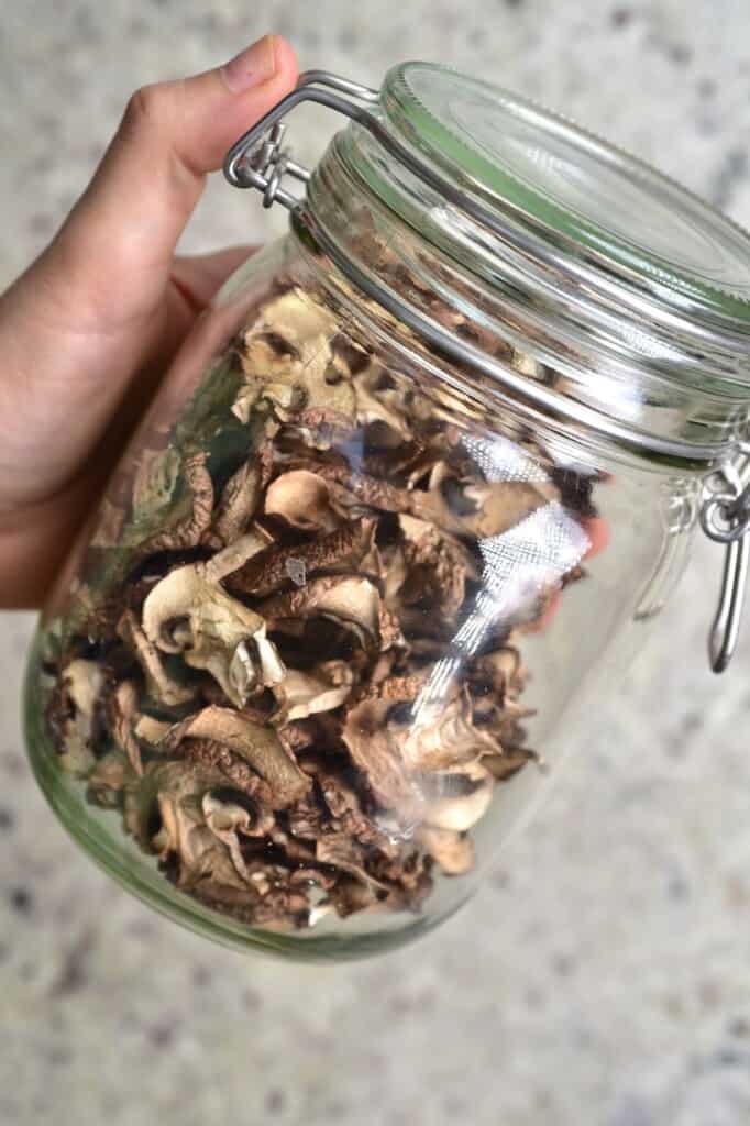 A hand holding a jar with homemade dried mushrooms