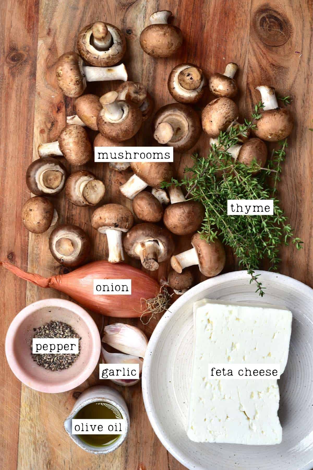 Ingredients for feta and mushroom pasta
