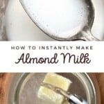 Making instant almond milk with almond butter cubes in a glass