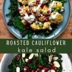 Kale salad in a bowl and topped with roasted cauliflower