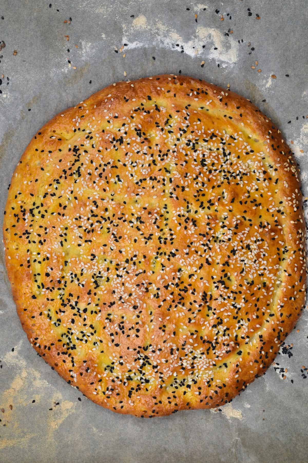 Baked pide bread on a tray