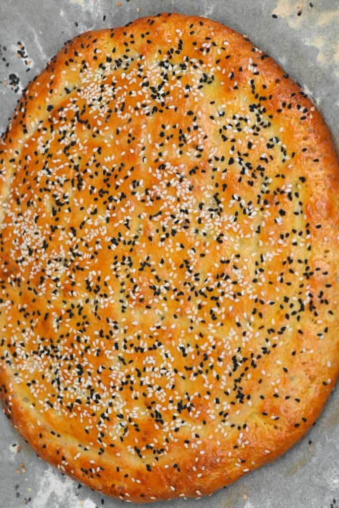 No knead Turkish Pide bread on a tray