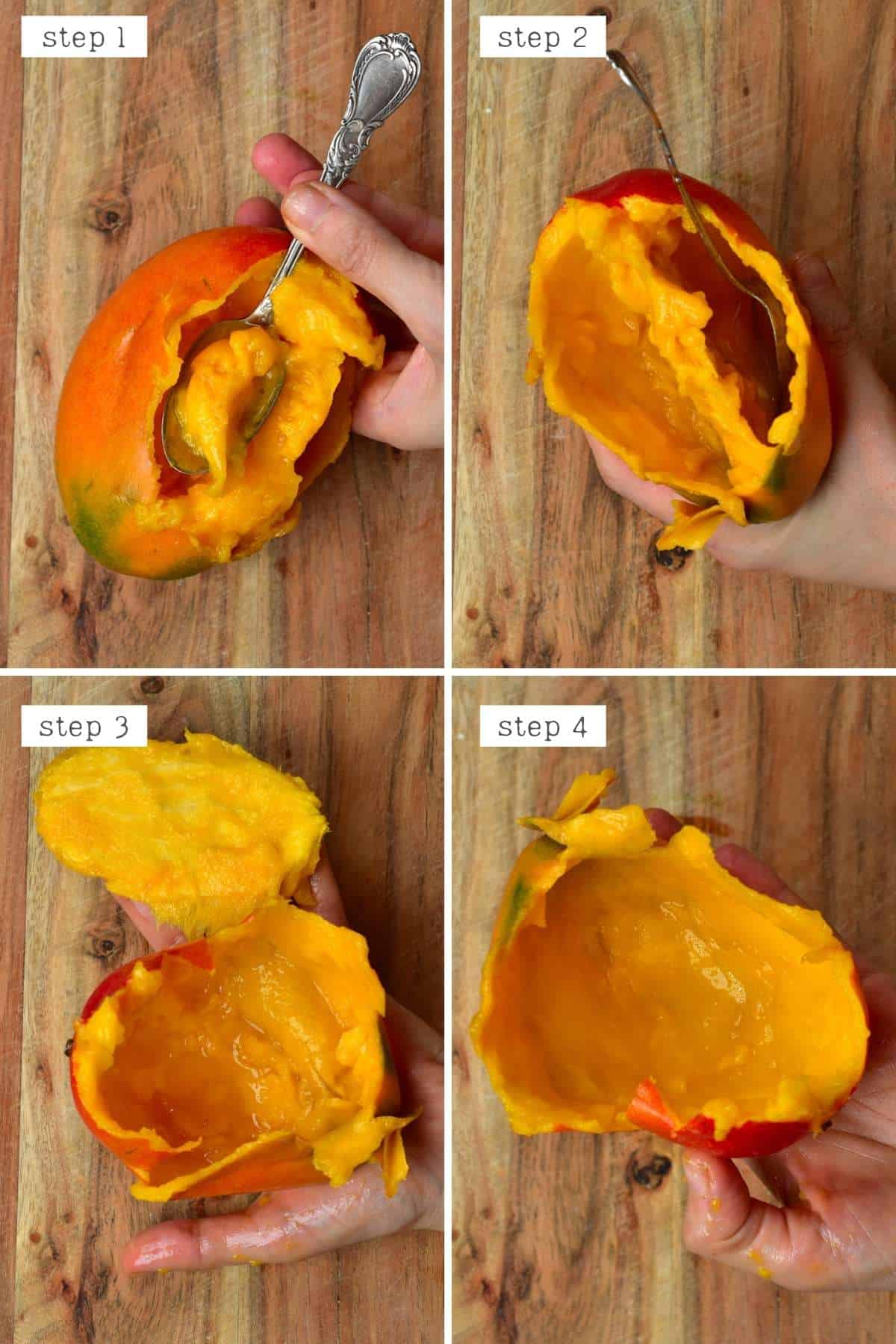 Steps for eating a mango with a spoon