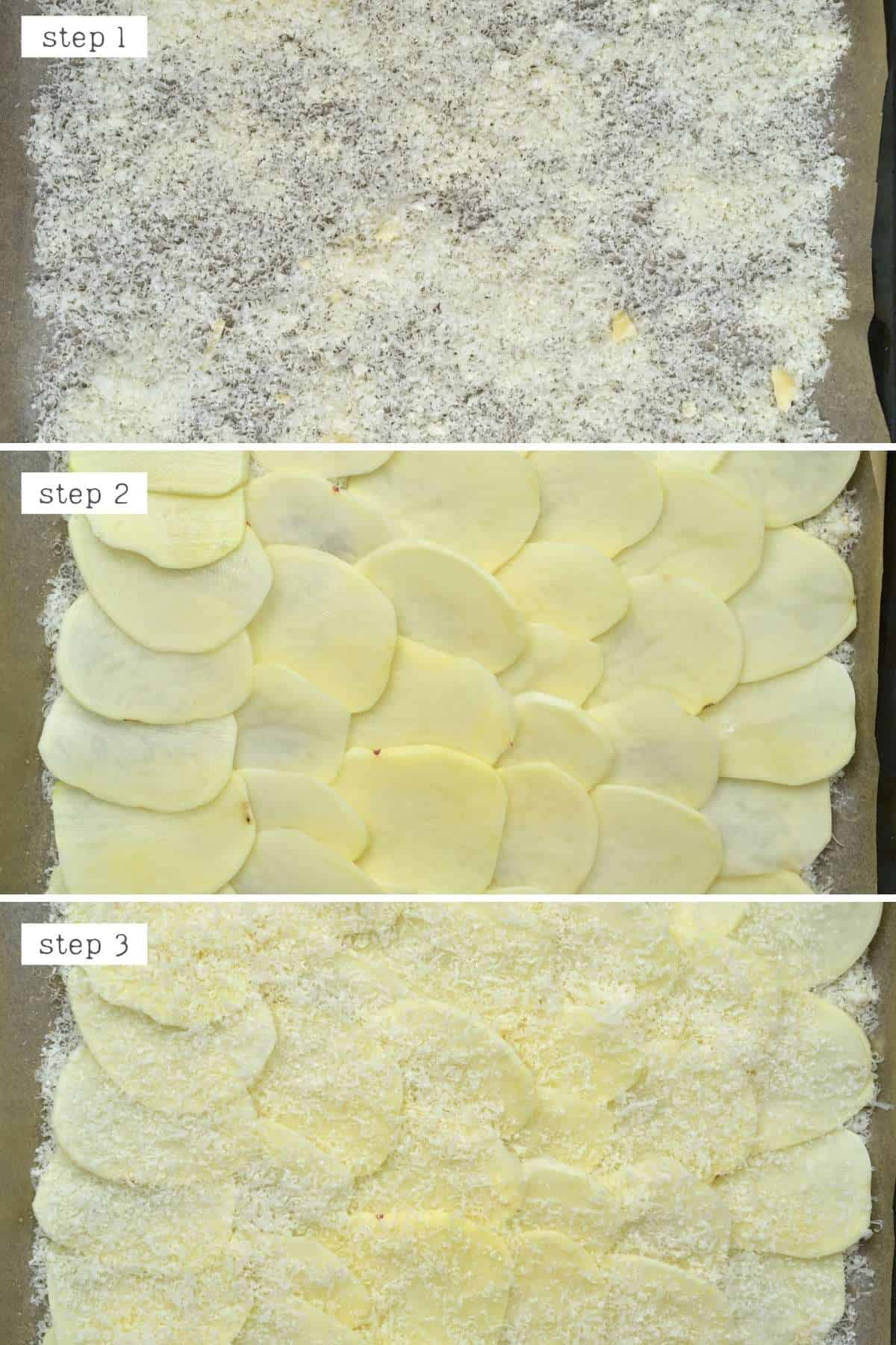 Steps for layering parmesan and potato slices