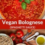 Ingredients for making Vegan bolognese sauce and a bowl with Vegan bolognese sauce