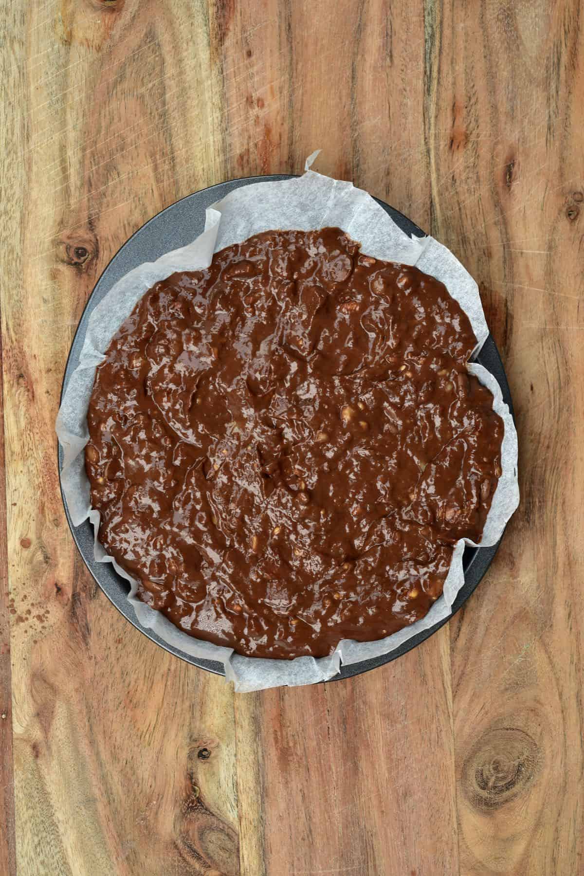 Brownie mix in a baking tray