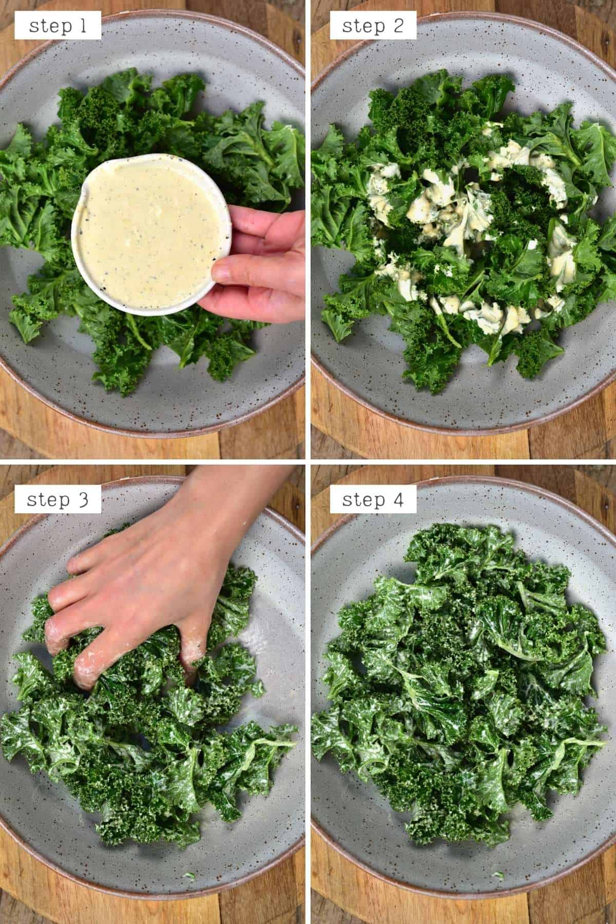 Steps for massaging kale with salad dressing