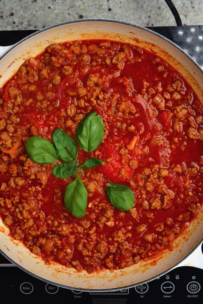 Vegan bolognese sauce in a large pan