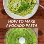 Avocado pasta in a bowl topped with parmesan and basil leaves and avocado sauce in a blender