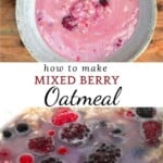 Berry oatmeal in a bowl and close up of red berries in a pot