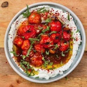 Labneh dip with roasted tomatoes topped with fresh mint