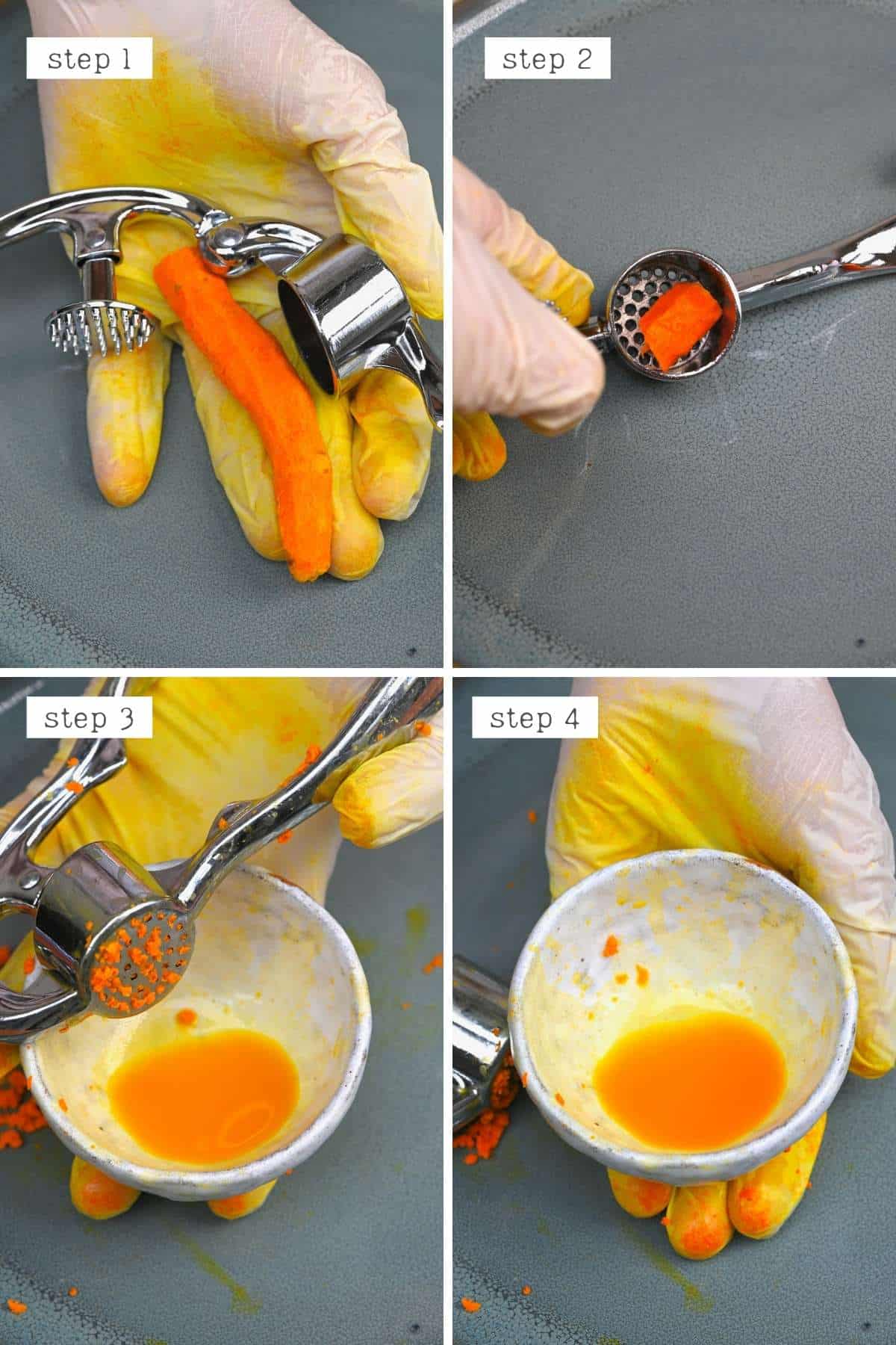 Steps for making turmeric juice with a garlic press