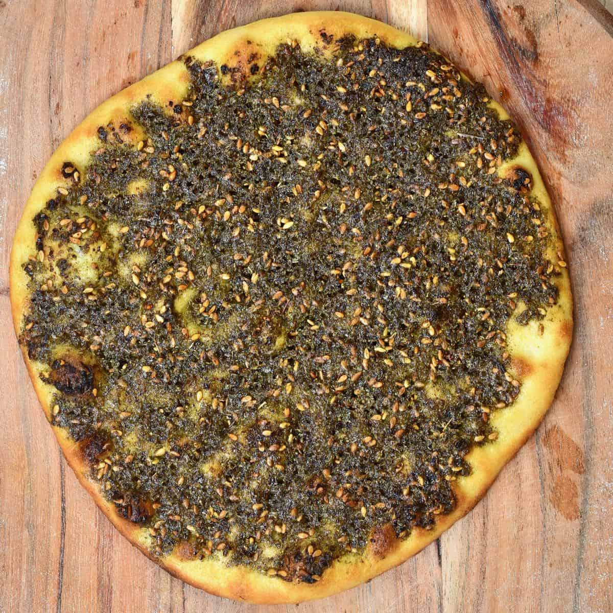 Manakish Zaatar bread on a wooden board