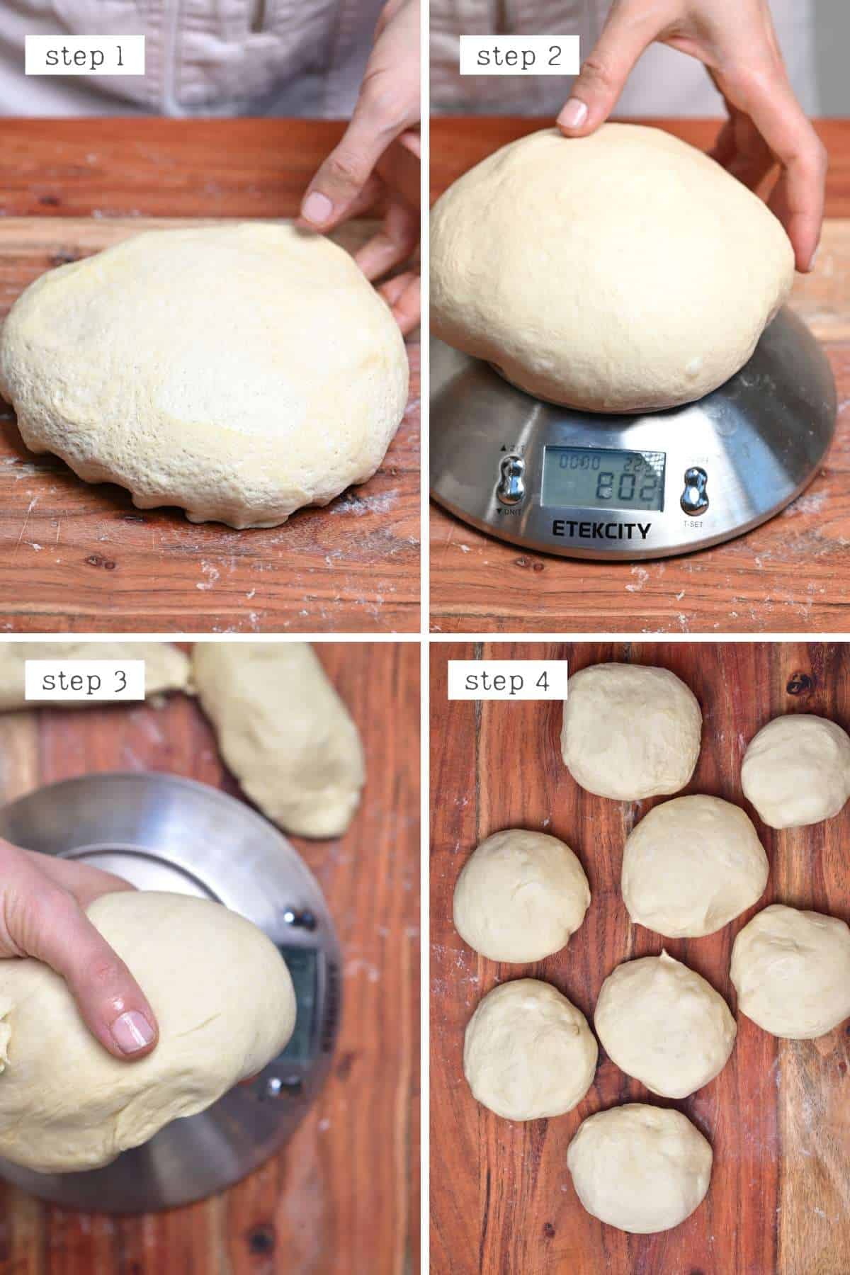 Steps for weighing and cutting pretzel dough
