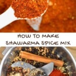A spoonful of Shawarma spice mix and the spices in a grinder