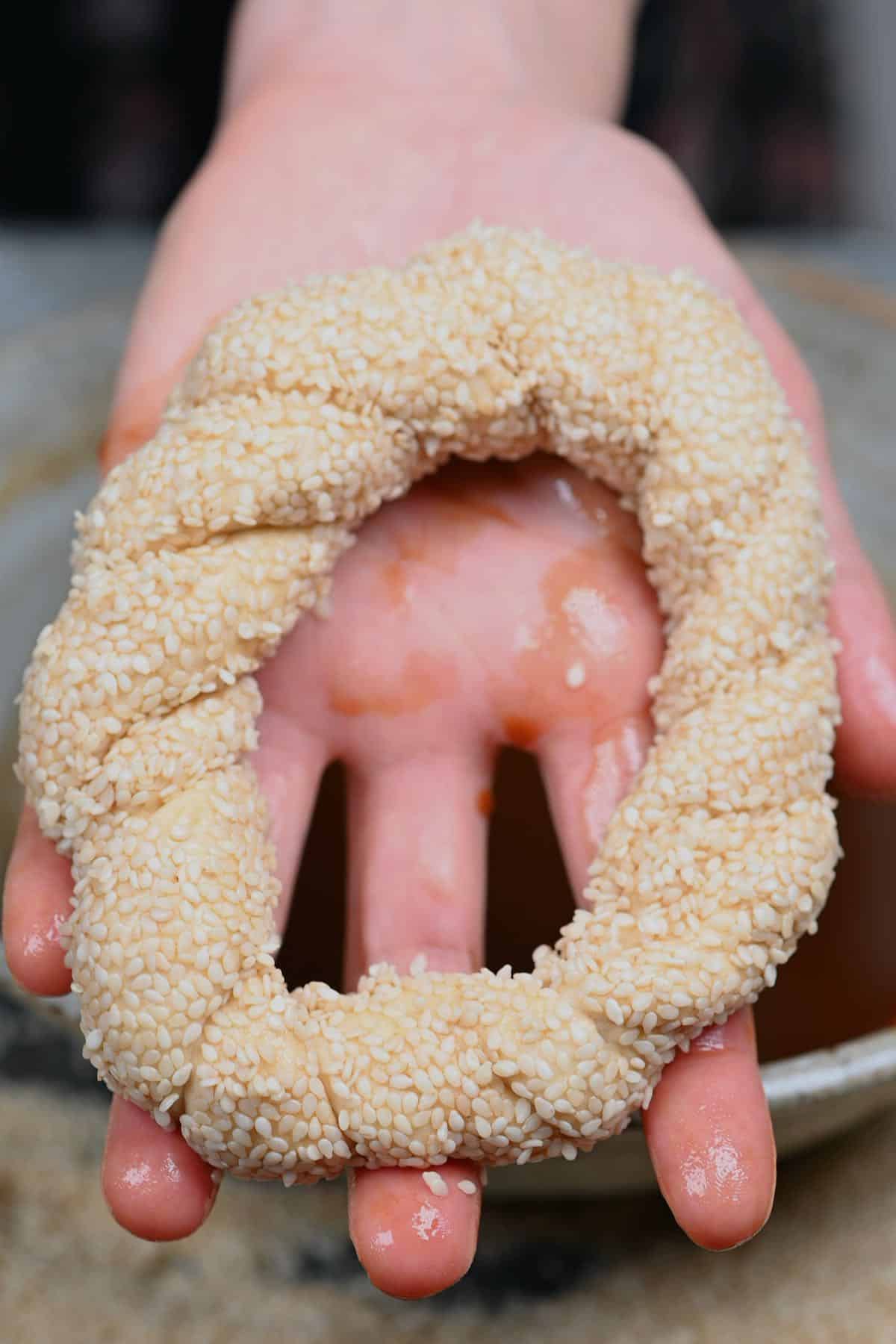 Simit Turkish bagel ring coated with sesame seeds