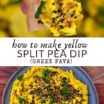Yellow split pea dip in a bowl and a close up of the dip on a piece of pita