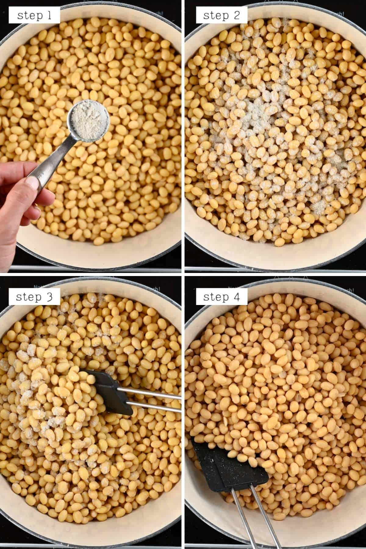 Steps for mixing tempeh starter into soybeans