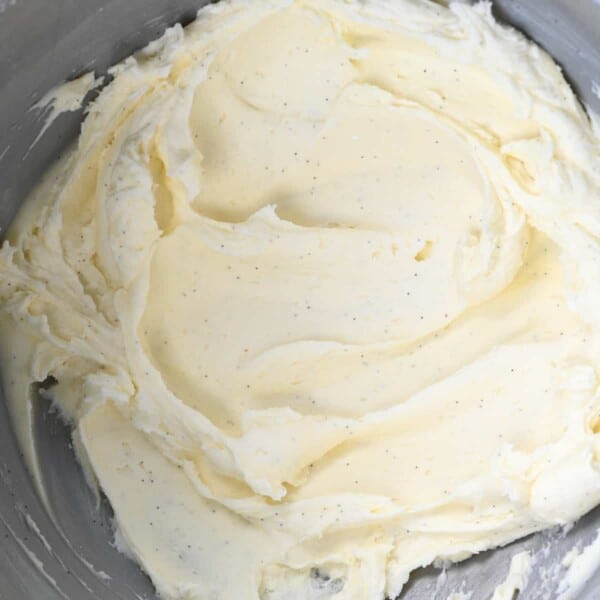 Vanilla buttercream in a mixing bowl