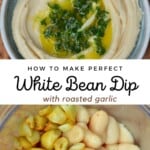 White bean dip served in a pale blue bowl topped with parsley and oil