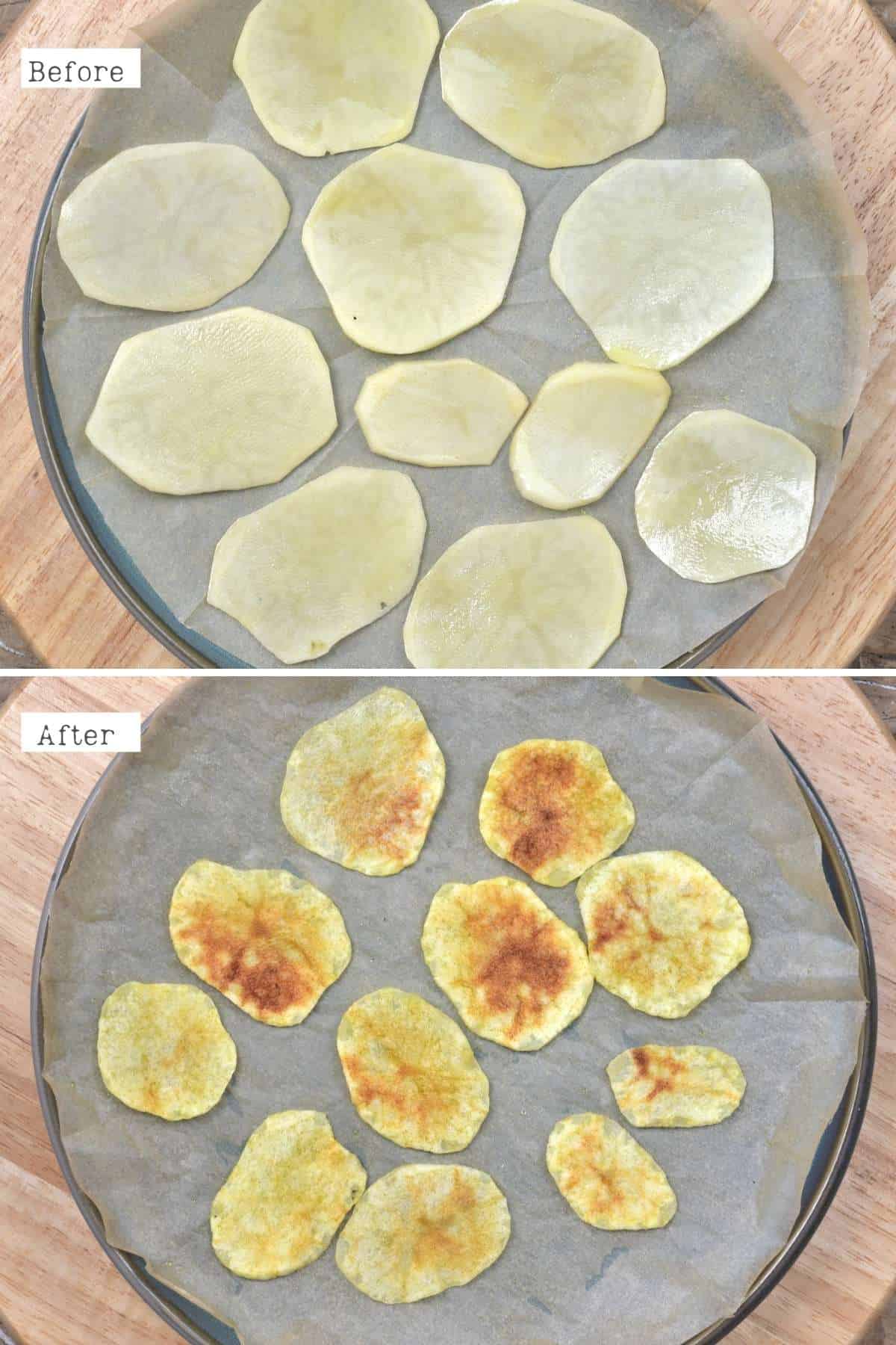Before and after making potato chips