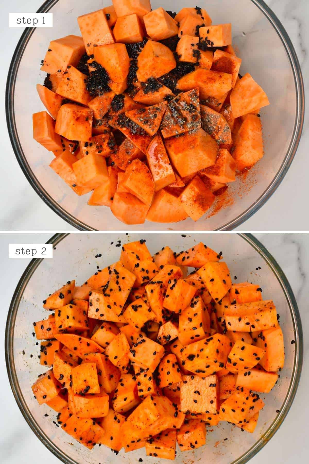 Mixing sweet potato with spices
