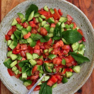Tomato cucumber salad in a bowl with a spoon