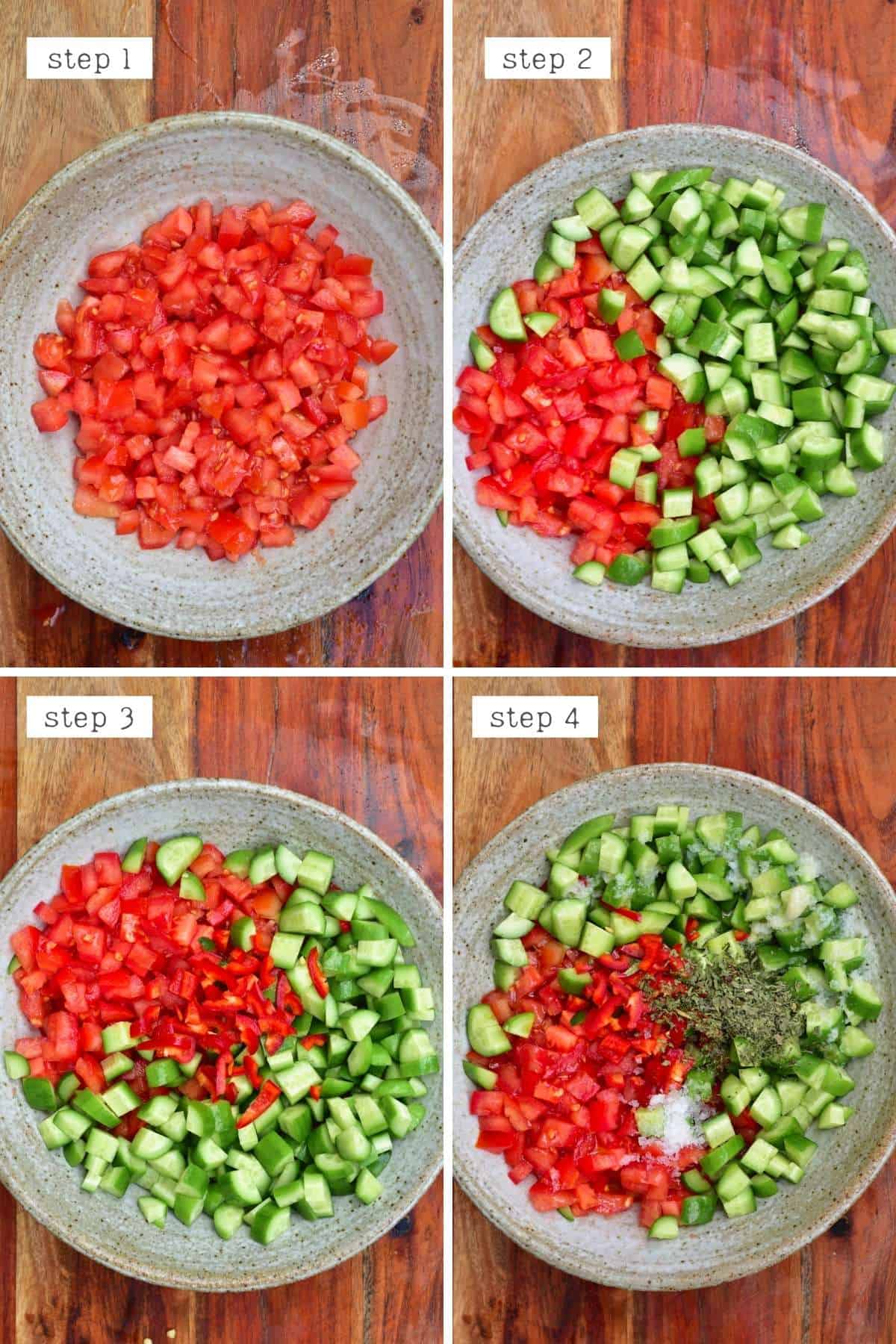 Preparing tomato cucumber salad