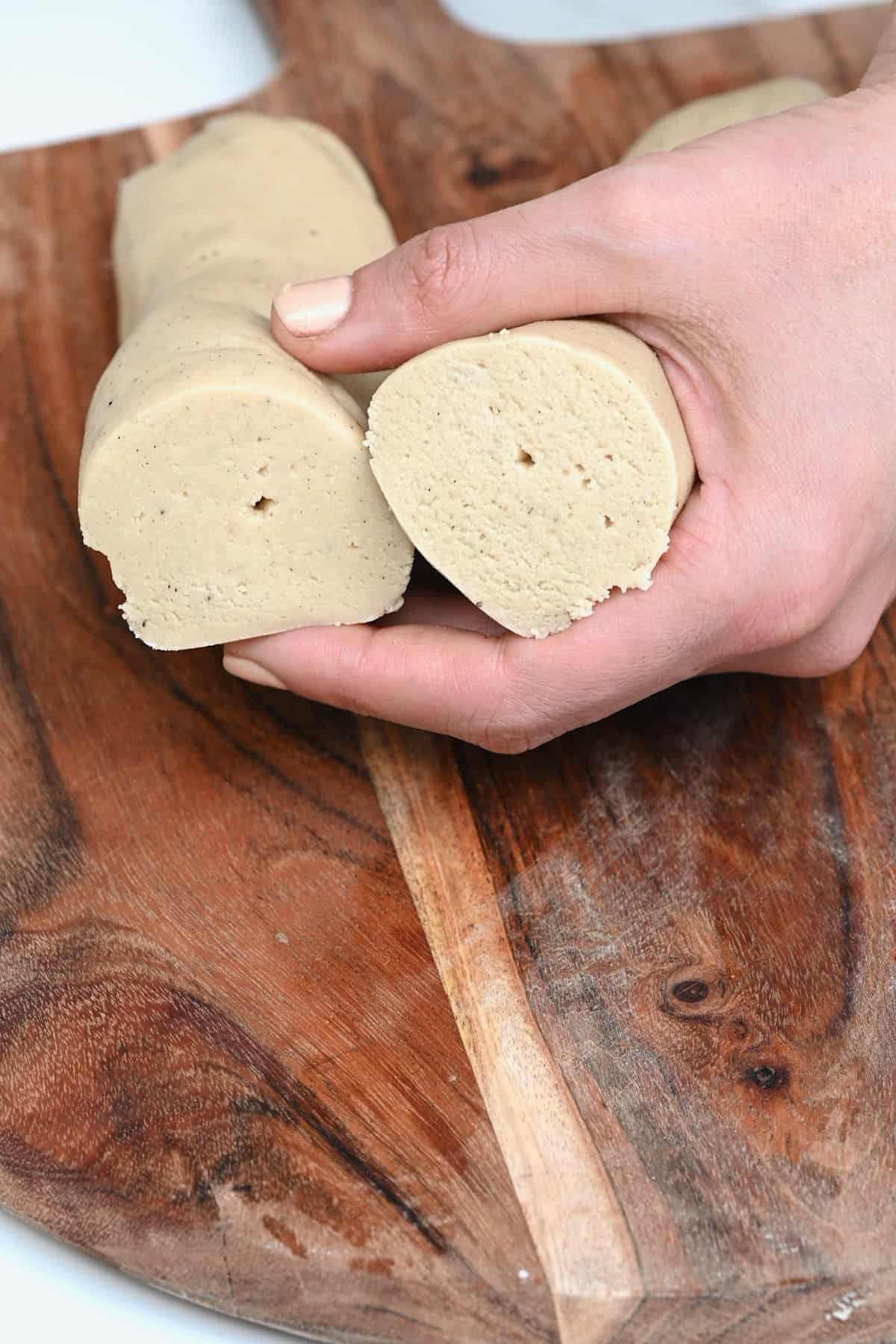 Almond paste log cut in two