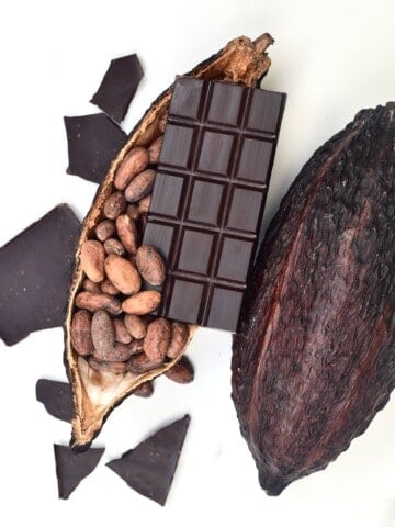 Chocolate bar, cacao beans and cacao pod