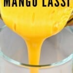 Pouring mango lassi in a cup
