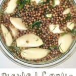 Pickled garlic with coriander seeds in a jar