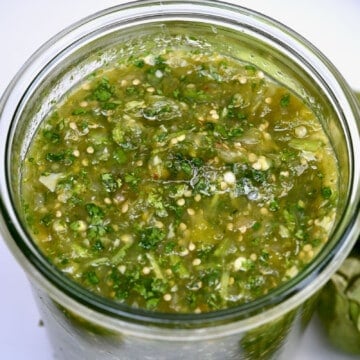 A jar with salsa verde