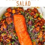 Sweet potato salad topped with micro greens and salmon