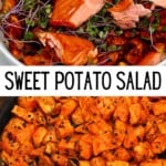 Sweet potato salad topped with micro greens and salmon